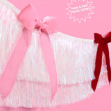 Bow Bliss Banner - layered fringe + velvet bows, white, pink