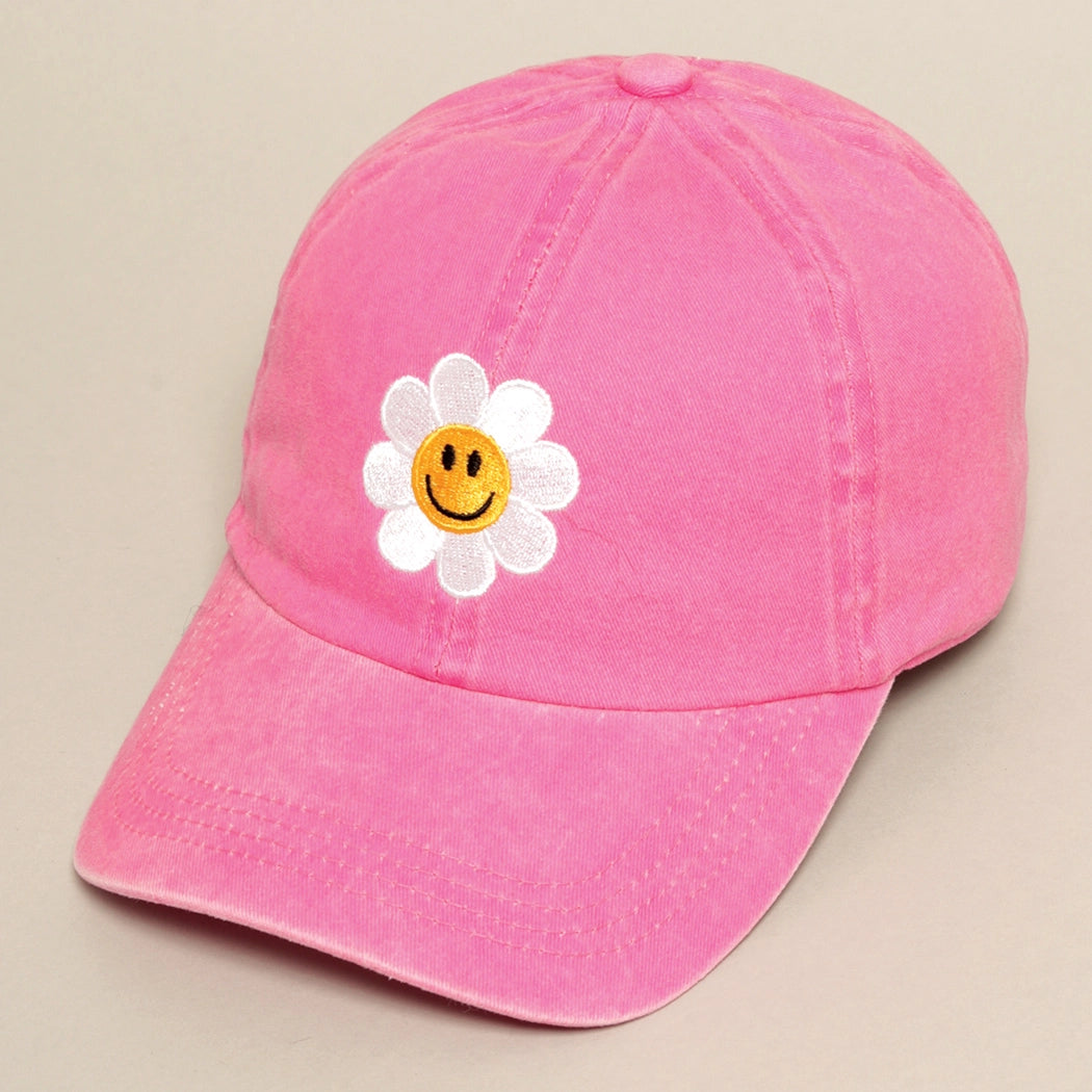 Happy Face Flower Enbroidered Baseball Hat