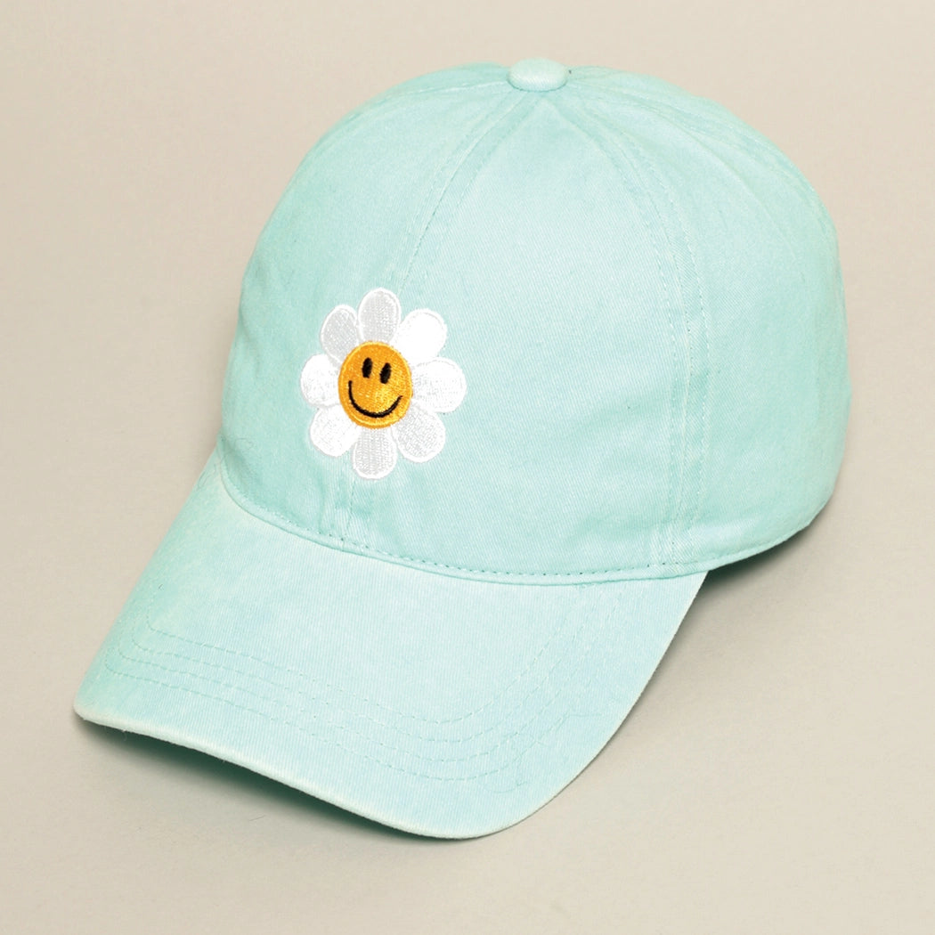 Happy Face Flower Enbroidered Baseball Hat