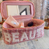 Beauty Pink Tweed Open Makeup Bag