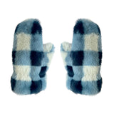 Furry Checked Mittens- Blue