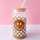 Checkered Smiley Face Beer Glass with Lid and Straw