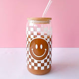 Checkered Smiley Face Beer Glass with Lid and Straw