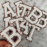 Chenille Glitter Adhesive Letter Patch- White